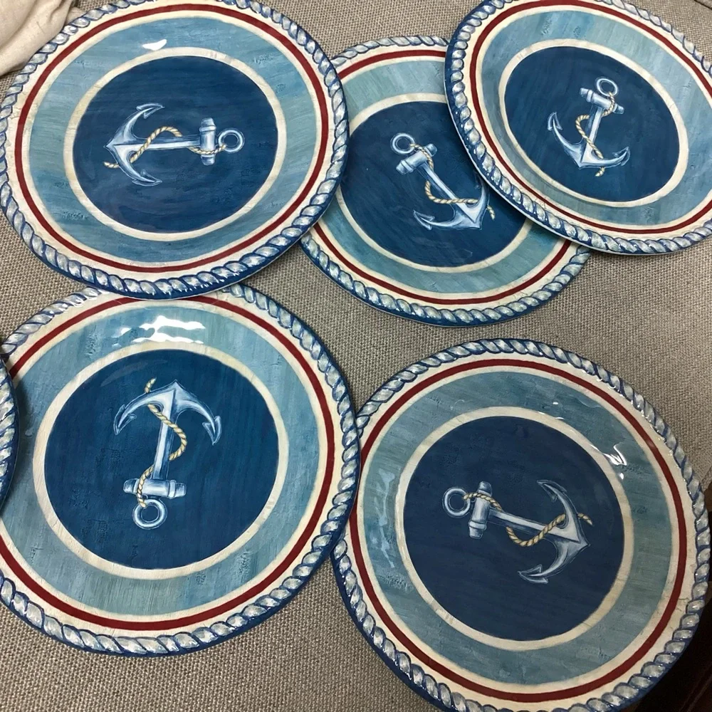 Vintage Cynthia Coulter Melamine Sail Away Nautical Anchor (6) 9" Salad Plates - Picture 7 of 13